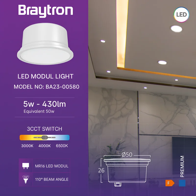 Braytron LED Modul 5W 230V MR16 – Flacher, integrierter Spot Strahler Ø50mm, CCT 3000-6500K, Abstrahlwinkel 110°, energieeffizient, für moderne Beleuchtungslösungen in Wohn- und Geschäftsräumen. – Ansicht 3