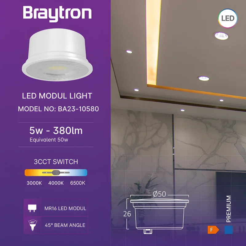 Braytron LED N/A 5W Leuchtmittel Warmweiß, Neutralweiß, Kaltweiß 3IN1, 450 Lumen, ersetzt 50 w, energiesparend, langlebig, 230V – Ansicht 3