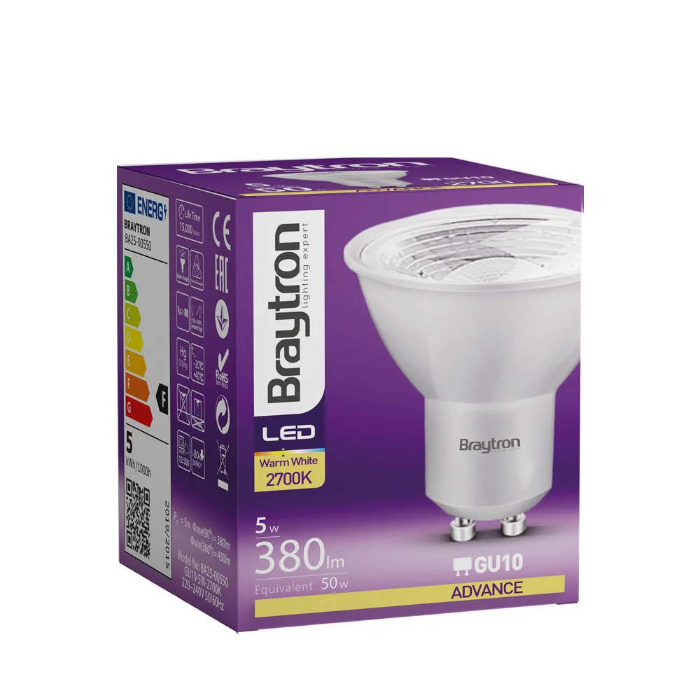 Spot LED GU10 5W Faisceau étroit 38° – Blanc chaud 3000K – 450 lm – BA25-00550
