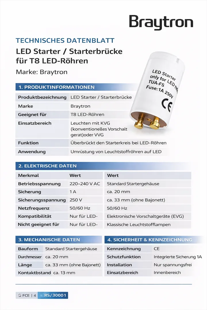 Braytron 10 Stück LED Starter Dummy T8 250V / 1A – Starterbrücke für LED Röhre – Ersatz für Leuchtstoff Starter – Ansicht 4