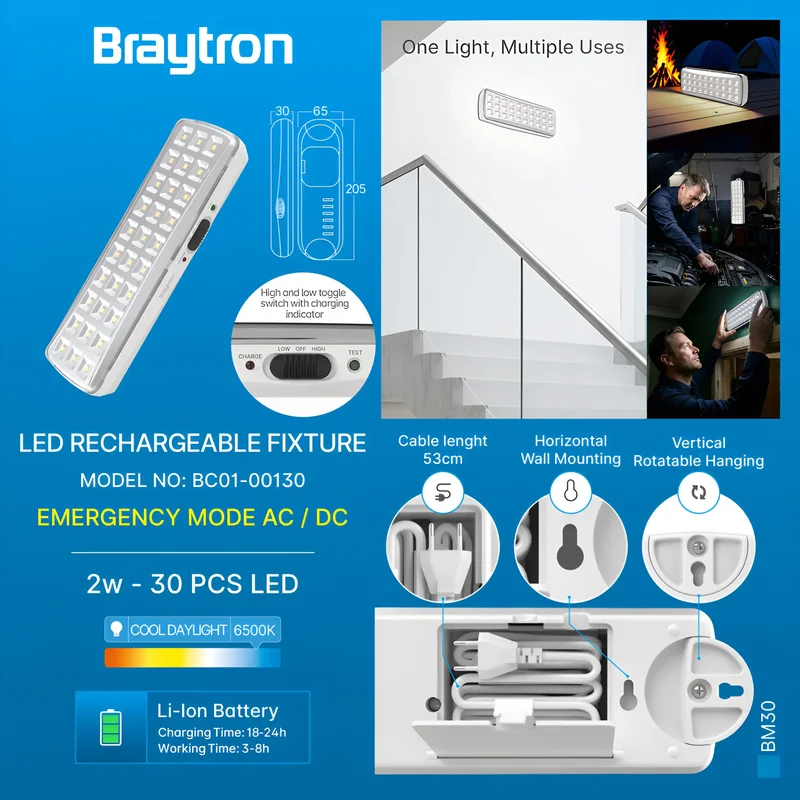 Braytron Notleuchte mit Akku Notbeleuchtung Akkubetrieb Licht für bis zu 5 Stunden 230V 30 SMD Led 230V Automatisches einschalten bei Stromausfall Notbeleuchtung mit Schalter Weiß 2 Watt – Ansicht 3