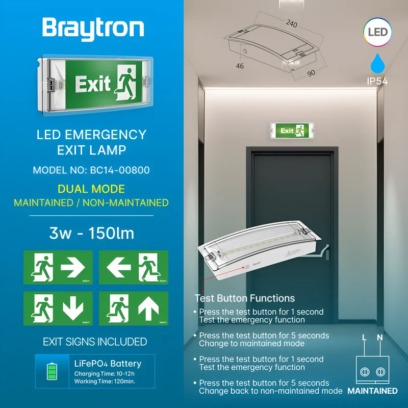 Braytron LED Notleuchte Rettungszeichenleuchte Fluchtwegleuchte Notlicht Notausgangsleuchte mit Akku 120 Min. 3W 150lm Rettungszeichenleuchte inkl. 4 Exit Piktogramme (rechts/links/oben/unten) IP65 – Ansicht 3