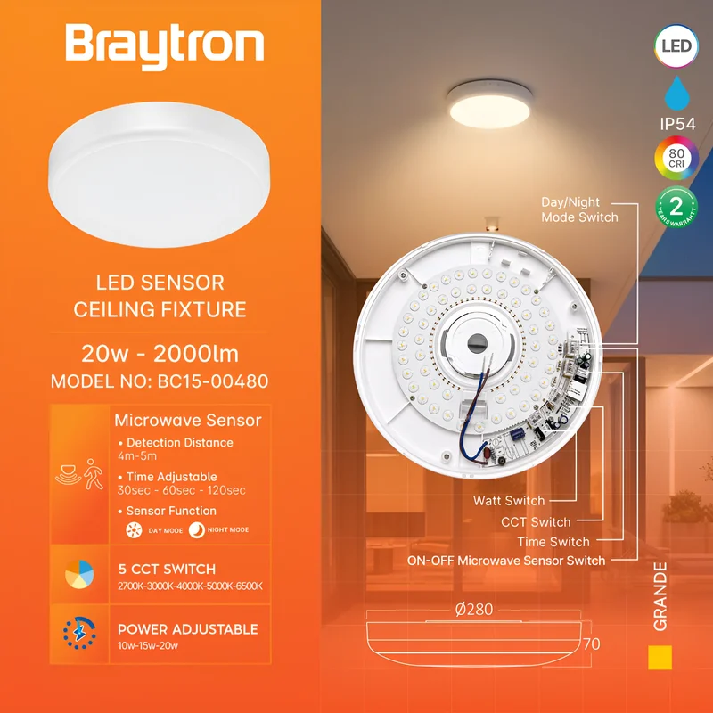 Braytron LED Deckenleuchte mit Bewegungsmelder Radar – 10/15/20 W einstellbar, 5CCT Farbwahl 2700 – 6500 K warm- bis kaltweiß, Ø 28 cm IP54 Deckenlampe mit Sensor, ideal für Bad, Flur, Treppe & Keller – Ansicht 3