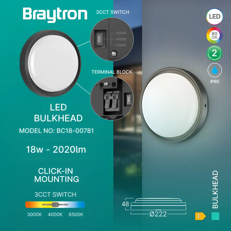 Braytron LED Strahler Außen 18W, 2020 Lumen, Warmweiß, Neutralweiß, Kaltweiß 3IN1, IP65 wasserdicht, Fluter Flutlicht Außenstrahler (Schwarz) – Ansicht 3