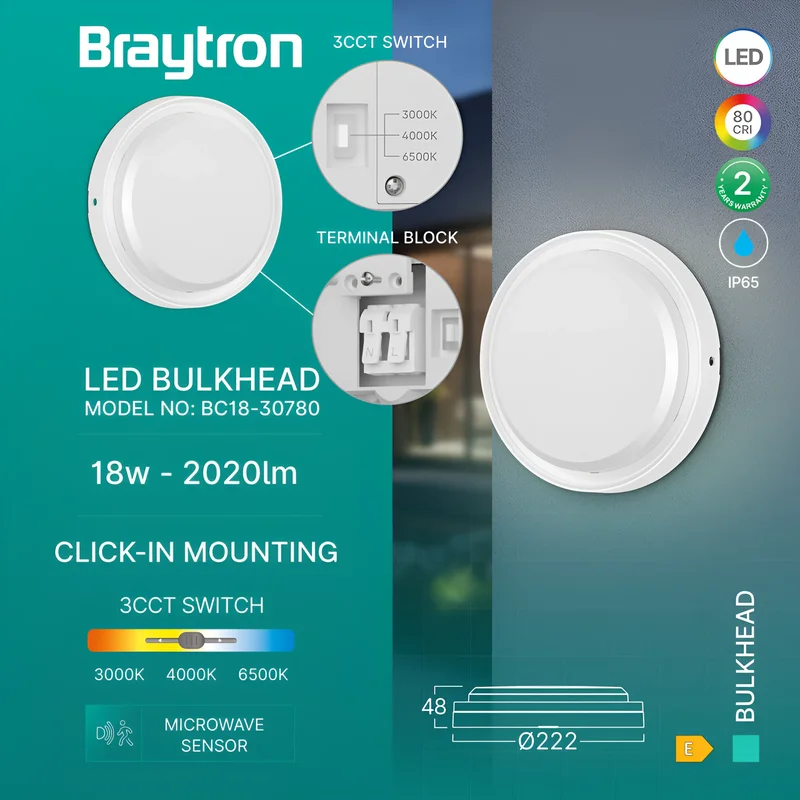 Braytron LED Wandleuchte Deckenleuchte mit Bewegungsmelder – 18W, IP65 – 3in1 Lichtfarbe (3000K/4000K/6500K) – Mikrowellen-Sensor – Außen- & Innenleuchte für Wand & Decke – rund, Ø 22 cm – Weiß – Ansicht 3