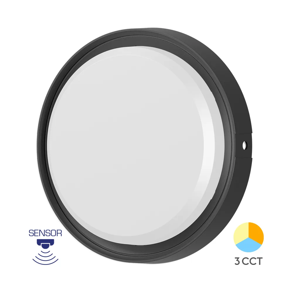 Hublot LED rond 18W noir détecteur IP65 3-en-1 – Applique automatique extérieur – BC18-30781