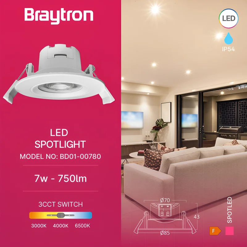 Braytron LED Deckenleuchte 7W 228 V Anschluss Warmweiß, Neutralweiß, Kaltweiß 3IN1, 750 Lumen, IP54 Deckenlampe für Wohnzimmer, Küche, Flur (Weiß) – Ansicht 3