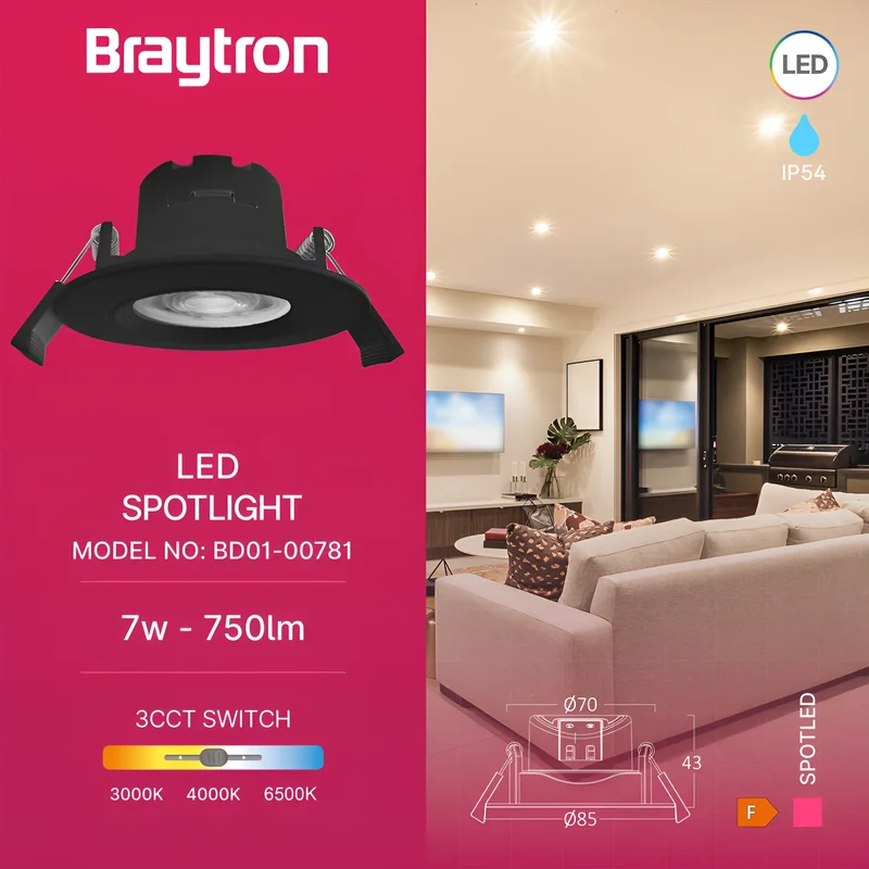 Braytron LED Einbaustrahler 68mm 7W IP54 630lm 3in1 CCT 3000K 4000K 6500K Feuchtraum geeignet Bad Dusche Küche Flur Decke Einbau LED Spot Einbaulampe Rund 38° Abstrahlwinkel 230V Schwarz – Ansicht 3