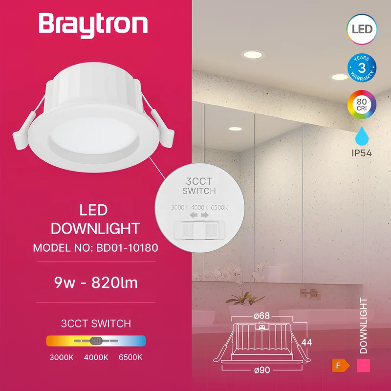 Braytron LED Einbaustrahler 68mm 9W IP54 820lm 3in1 CCT 3000K/4000K/6500K Feuchtraum geeignet Badezimmer Küche Flur Decke Einbau Spot Einbaulampe Rund 100° Abstrahlwinkel 230V (Weiß, 9 Watt, CTT) – Ansicht 3