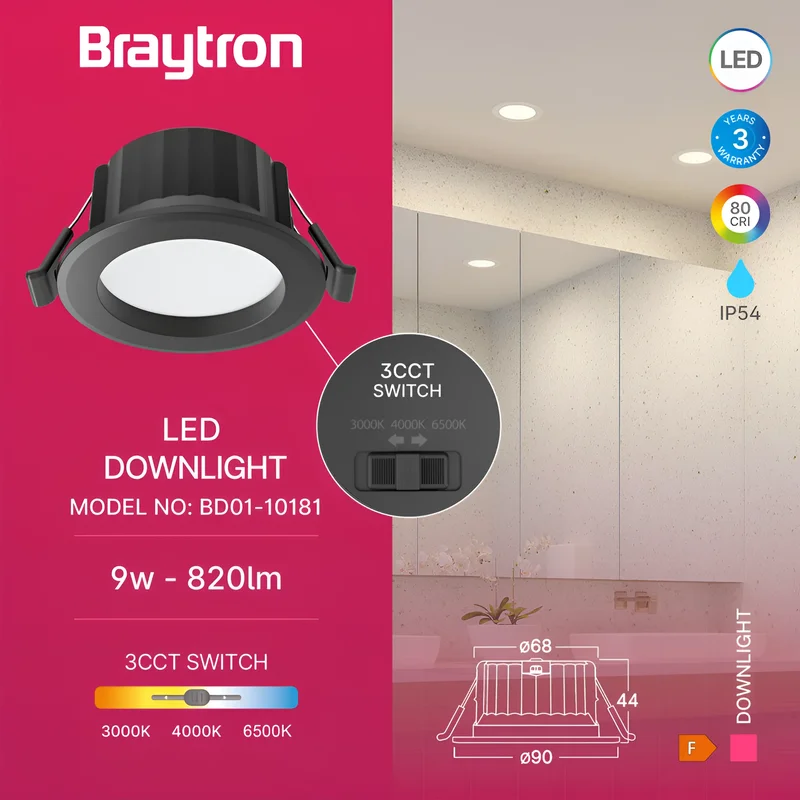 Braytron LED Einbaustrahler 68mm 9W IP54 820lm 3in1 CCT 3000K/4000K/6500K Feuchtraum geeignet Badezimmer Küche Flur Decke Einbau Spot Einbaulampe Rund 100° Abstrahlwinkel 230V (Schwarz, 9 Watt, CTT) – Ansicht 3