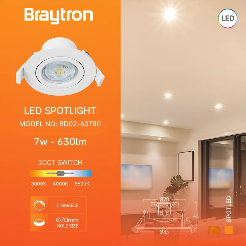 Braytron Stufenlos Dimmbar LED Einbaustrahler Deckenspot Einbauspot 7W schwenkbar Rund Spot 3IN1 Farbtemperatur 3000K/4000K/6500K 630lm Flur, Küche 230V 68mm Deckenausschnitt – Ansicht 3