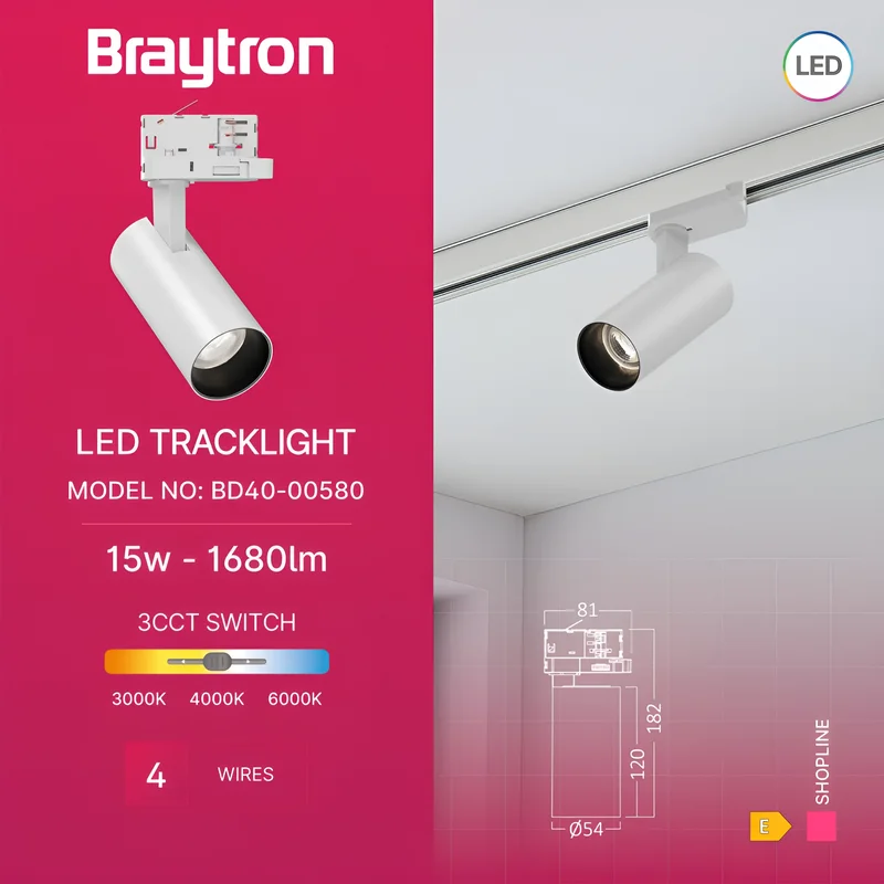 Braytron LED-Schienenstrahler 15 Watt 3-Phasen 4-Draht Tracklight, dreh- und schwenkbar – 3CCT (3000 K / 4000 K / 6000 K) 1680 lm – Aluminium Deckenleuchte für Innenbeleuchtung Schienensystem Weiß – Ansicht 3
