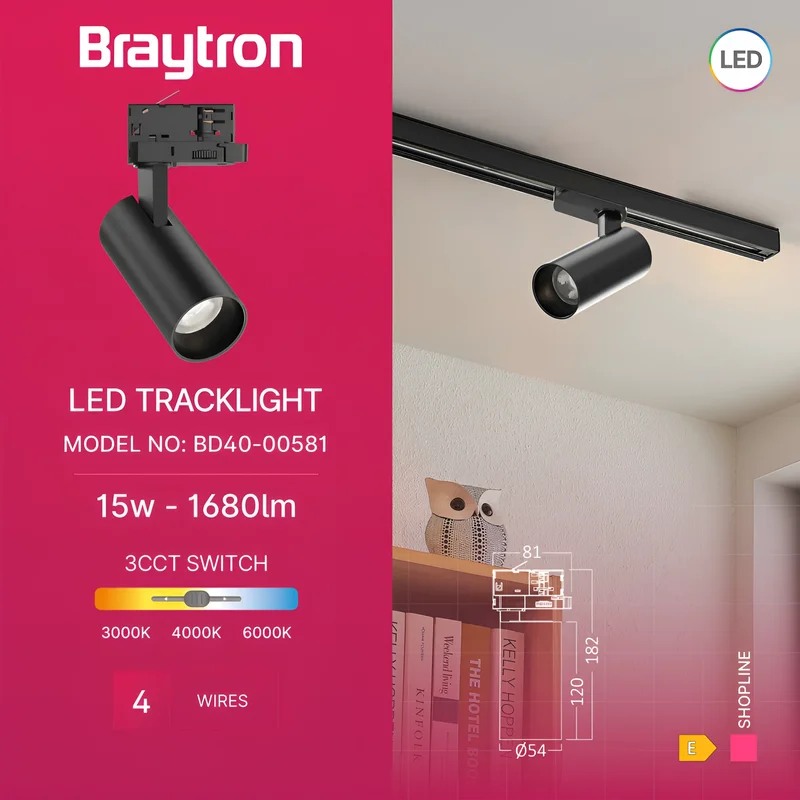 Braytron LED-Schienenstrahler 15 Watt 3-Phasen 4-Draht Tracklight, dreh- und schwenkbar 3CCT (3000 K / 4000 K / 6000 K) 1680 lm – Aluminium Deckenleuchte für Innenbeleuchtung Schienensystem Schwarz – Ansicht 3