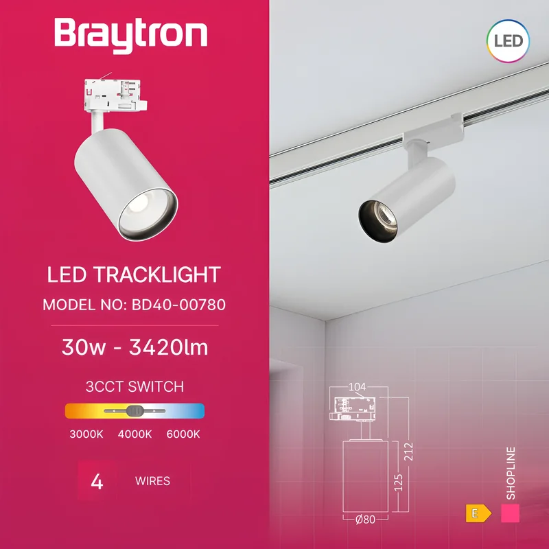 Braytron LED-Schienenstrahler 30 Watt 3-Phasen 4-Draht Dreh- und schwenkbares Schienenlicht 3CCT Warmweiß -Kaltweiß 3420 lm Aluminium Deckenleuchte für Innenbeleuchtung Schienensystem in weiß – Ansicht 3
