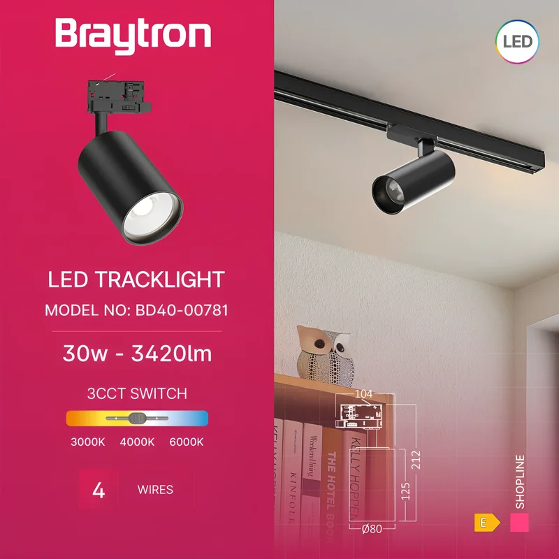 Braytron LED-Schienenstrahler 30 Watt 3-Phasen 4-Draht Dreh- und schwenkbares Schienenlicht 3CCT Warmweiß -Kaltweiß 3420 lm Aluminium Deckenleuchte für Innenbeleuchtung Schienensystem in schwarz – Ansicht 3