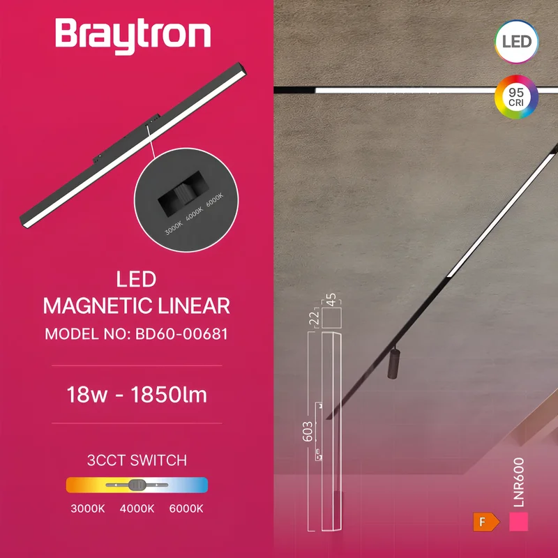 Braytron 48V LED Magnet Schienenleuchte Linear 3CCT 3000K–6000K, CRI≥95, 120° breitstrahlend, Aluminium Schwarz, Magnet Track Light für 48V Schienensystem, Wohnraum & Büro (18W) – Ansicht 3