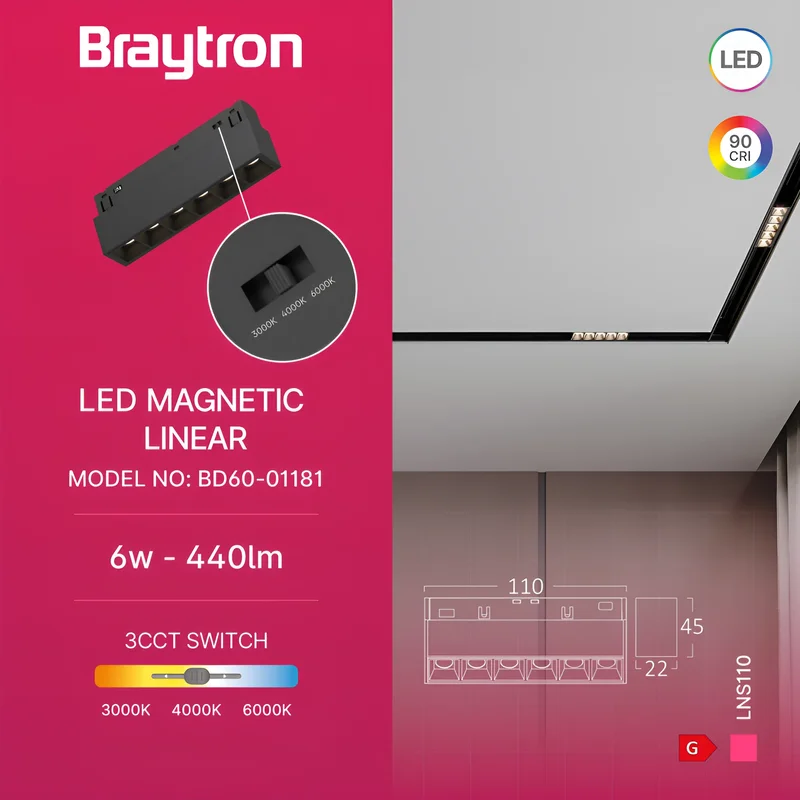 Braytron 48V LED Magnet Schienenleuchte Linear 3CCT 3000K–6000K, CRI≥90, 24° Spot, Aluminium Schwarz, Magnet Track Light für 48V Schienensystem, Wohnraum, Büro, Retail (6W flach) – Ansicht 3
