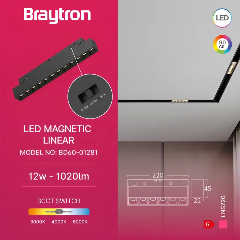 Braytron 48V LED Magnet Schienenleuchte Linear 3CCT 3000K–6000K, CRI≥90, 24° Spot, Aluminium Schwarz, Magnet Track Light für 48V Schienensystem, Wohnraum, Büro, Retail (12W flach) – Ansicht 3