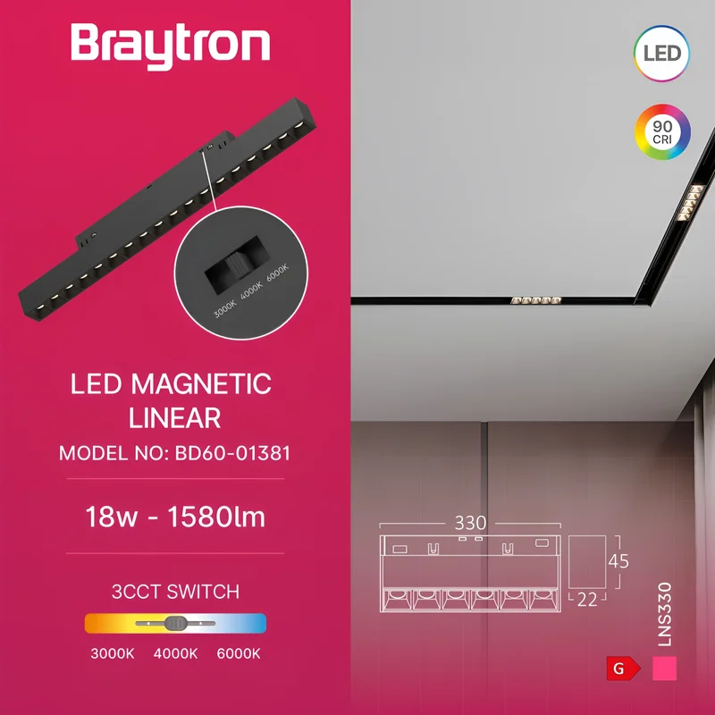 Braytron 48V LED Magnet Schienenleuchte Linear 3CCT 3000K–6000K, CRI≥90, 24° Spot, Aluminium Schwarz, Magnet Track Light für 48V Schienensystem, Wohnraum, Büro, Retail (18 W flach) – Ansicht 3