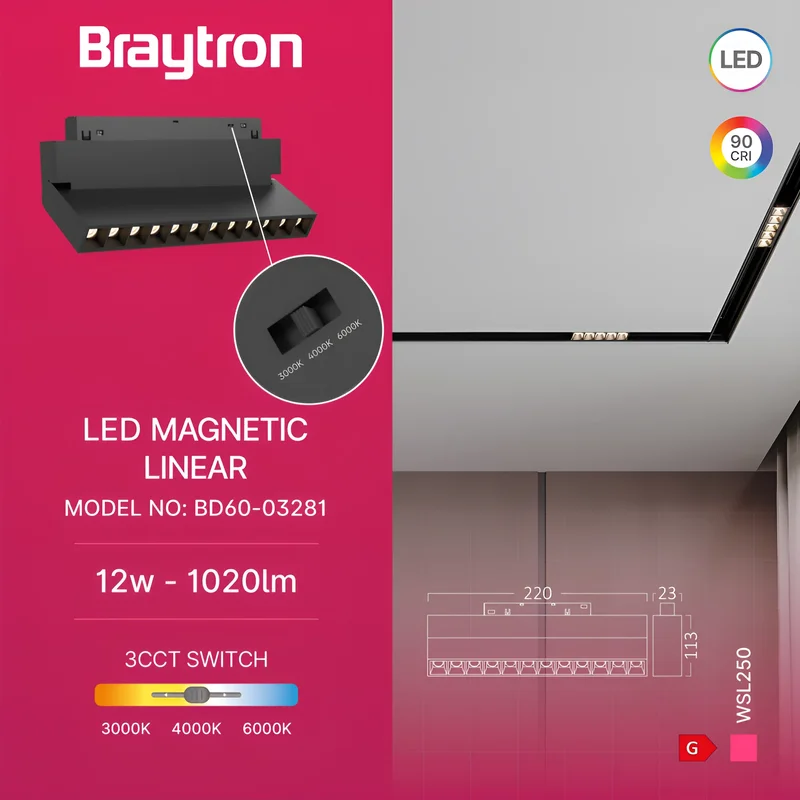 Braytron 48V LED Magnet Schienenleuchte Linear 3CCT 3000K–6000K, CRI≥90, 24° Spot, Aluminium Schwarz, Magnet Track Light für 48V Schienensystem, Wohnraum, Büro, Retail (12W Aufbau) – Ansicht 4