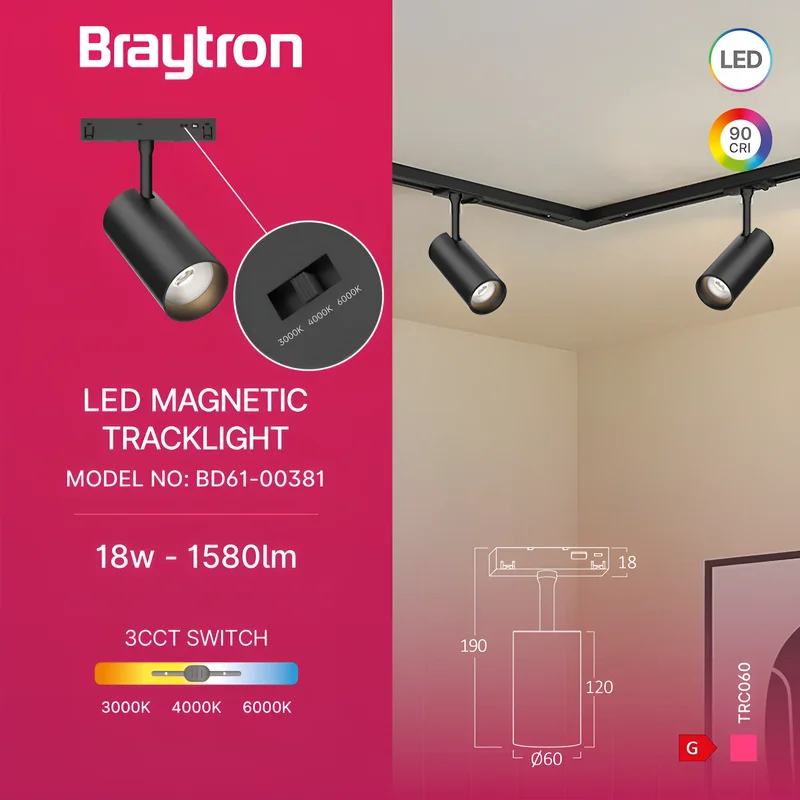 Braytron 48V LED Magnet-Schienenstrahler 18 Watt 3CCT 3000K–6000K 1580 Lumen CRI ≥90 24° LED Schienenleuchte drehbar schwenkbar Magnet-Schienensystem Aluminium schwarz Magnetic Track Light 48V DC – Ansicht 3