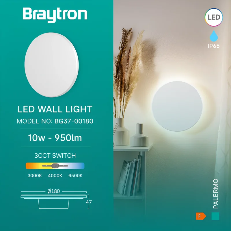 Braytron LED Wandleuchte Außen Rund Ø180 mm, 10W 950lm, IP65 Wasserdicht, 3CCT 3000K–6000K Einstellbar, Indirekte Designer Wandlampe Modern für Balkon, Terrasse, Flur, Bad, Weiß – Ansicht 3