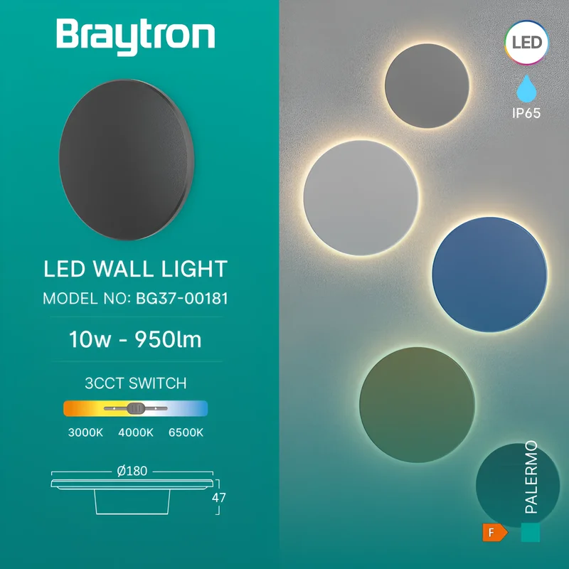 Braytron LED Wandleuchte Deckenleuchte Rund Ø180 mm 10W 950lm IP65 mit 3CCT (3000K–6000K), indirekte Designer Wandlampe für Balkon, Terrasse, Flur & Bad, Schwarz (Schwarz, 10, Watt) – Ansicht 3