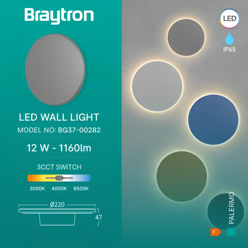 Braytron LED Wandleuchte Grau Rund Ø220 mm – 12W 1160lm IP65 Außenwandleuchte mit 3CCT (3000K/4000K/6000K), indirekte Designer Wandlampe für Balkon, Terrasse, Flur & Bad – Ansicht 3
