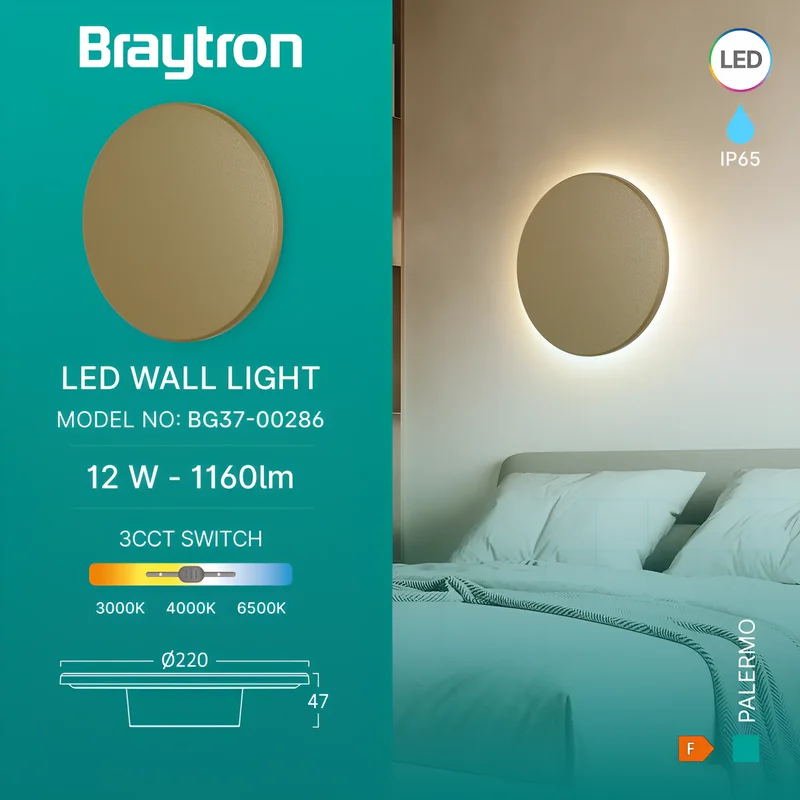 Braytron Gold Wandlampe, Wandleuchte, Rund, Außenleuchte gold Indirektebeleuchtung Außenwandleuchte IP65 3CCT Designerlampe, auswählbare Farbtemperatur Balkon, Garage, Bad 12 Watt 1160lm – Ansicht 3