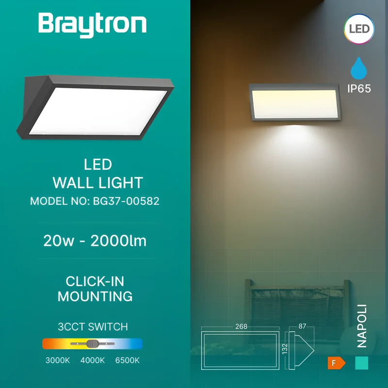 Braytron LED Strahler Außen 20W, 2000 Lumen, Warmweiß, Neutralweiß, Kaltweiß 3IN1, IP65 wasserdicht, Fluter Flutlicht Außenstrahler (Dark Grey) – Ansicht 3