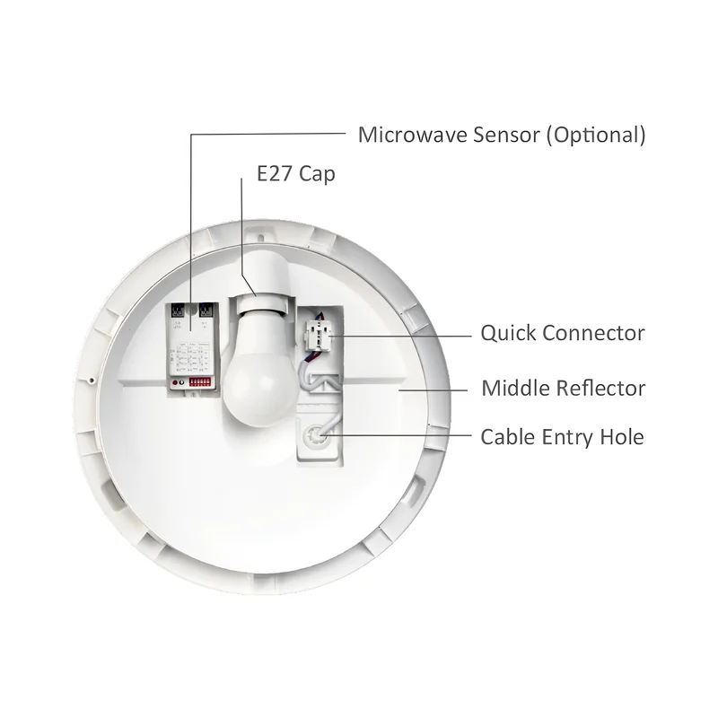 Braytron Außen Deckenleuchte IP65 Ø265mm Weiß – E27 Fassung max.23W – Runde Feuchtraumlampe mit Bewegungsmelder (Microwave Sensor) für Bad, Keller, Garage & Balkon – Ansicht 9