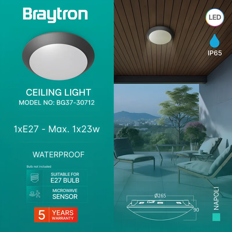 Braytron Außen Deckenleuchte IP65 Ø265mm – E27 Fassung max.23W – Runde Feuchtraumlampe mit Bewegungsmelder (Microwave Sensor) für Bad, Keller, Garage & Balkon (Anthrazit) – Ansicht 3