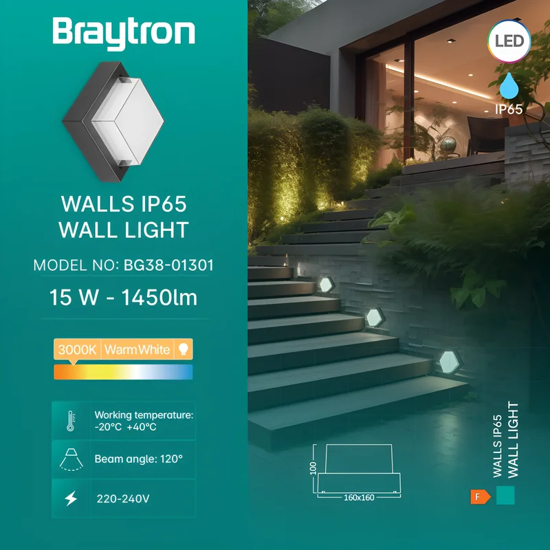 Braytron LED Eckige Wandleuchte Außen 15W IP65 Warmweiß 3000K – Wetterfeste Wandlampe Deckenlampe für Eingang, Treppenhaus, Balkon, Fassade – 1450lm, 120° Abstrahlwinkel, langlebig & energiesparend – Ansicht 3