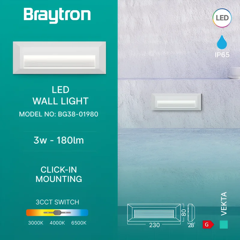 Braytron LED Wandleuchte Außen IP65 3W 3CCT (3000K/4000K/6500K) – Direkt oder Indirekt – Stufenleuchte Treppenbeleuchtung Wandlampe Außenbereich Schwarz Weiß Grau – 180lm (Weiß, Indirket) – Ansicht 3