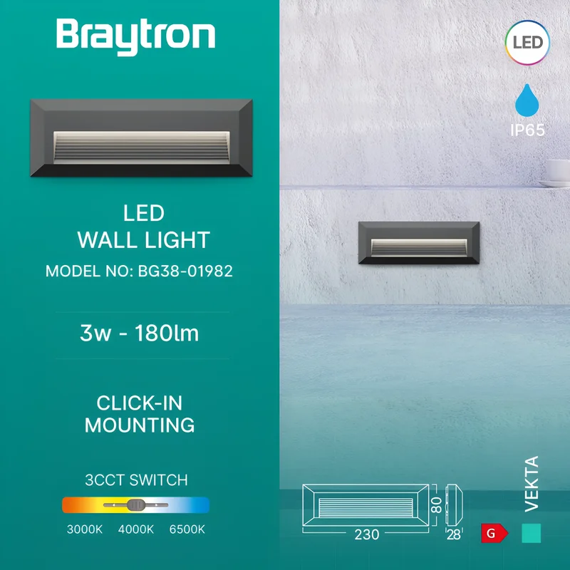 Braytron LED Wandleuchte Außen IP65 3W 3CCT (3000K/4000K/6500K) – Direkt oder Indirekt – Stufenleuchte Treppenbeleuchtung Wandlampe Außenbereich Schwarz Weiß Grau – 180lm (Grau, Indirket) – Ansicht 3