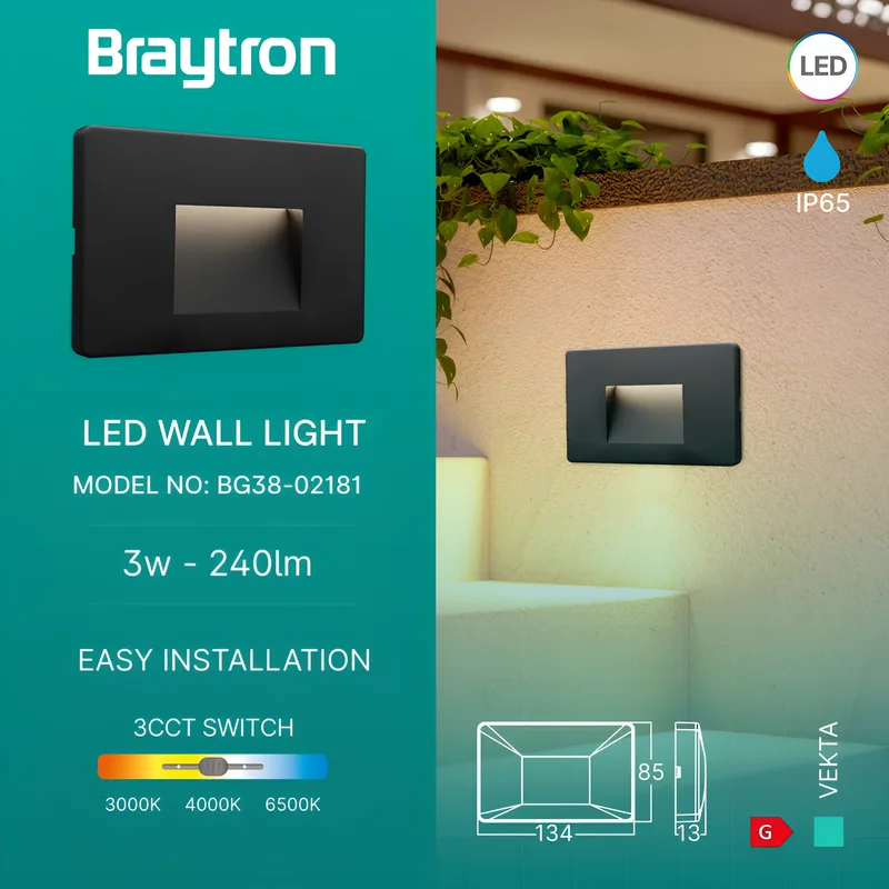 Braytron LED Strahler Außen 3W, 240 Lumen, Warmweiß, Neutralweiß, Kaltweiß 3IN1, IP65 wasserdicht, Fluter Flutlicht Außenstrahler (Schwarz) – Ansicht 3