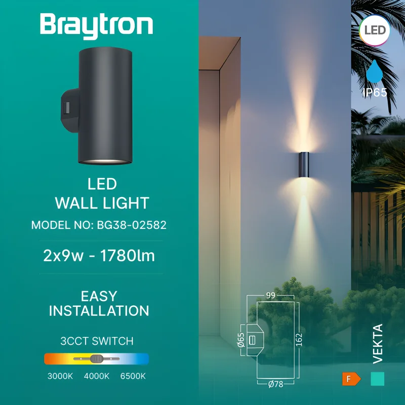 Braytron LED Wandleuchte Außen Zylinder Rund 2x 9W IP65, 3in1 Up&Down Außenlampe, Wandlicht für Terrasse, Balkon & Garten, wetterfest, modernes Design, warmweiß/neutrales Weiß/kaltweiß wählbar CCT – Ansicht 3