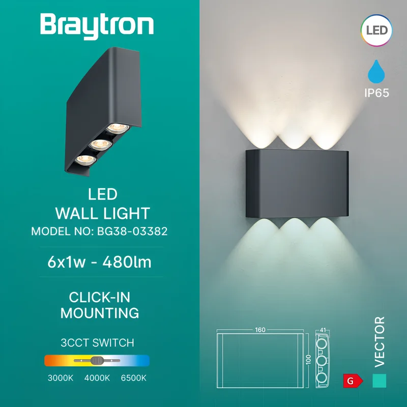 Braytron Moderne LED Wandlampe Wandstrahler Up & Down - IP65 wasserdicht für Innen & Außen, 6 x 1W integrierte Farbwahl 3000-6500K - Ideal für Bad, Veranda, Flur, Hauswand & mehr - Anthrazit – Ansicht 3