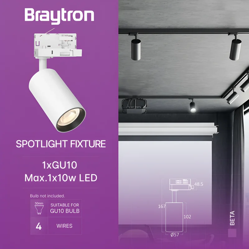 Braytron LED Schienenstrahler, Schienenbeleuchtung – LED Spot für 3-Phasen-Schienensystem – Dreh- & schwenkbar – Innenbeleuchtung für Shop, Galerie, Büro, Wohnzimmer – Tracklight, GU10, weiß – Ansicht 3