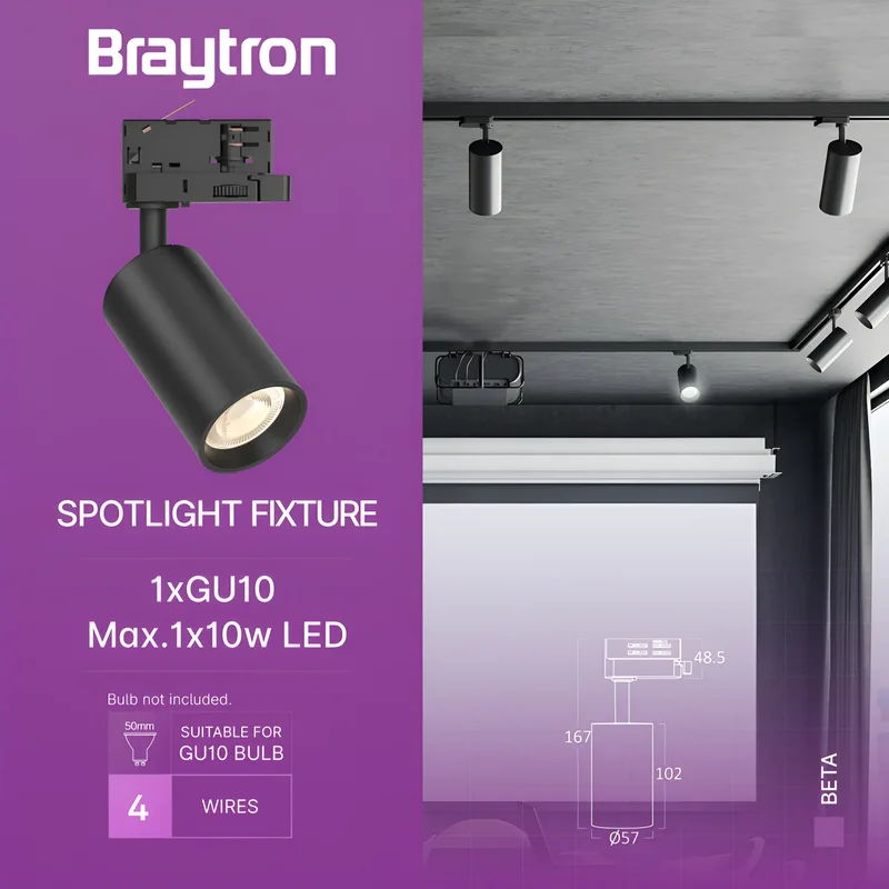 Braytron LED Schienenstrahler, Schienenbeleuchtung – LED Spot für 3-Phasen-Schienensystem – Dreh- & schwenkbar – Innenbeleuchtung für Shop, Galerie, Büro, Wohnzimmer – Tracklight, GU10, schwarz – Ansicht 3