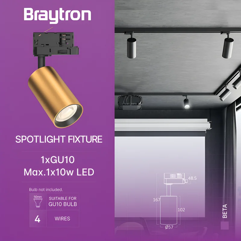 Braytron LED Schienenstrahler – 3-Phasen-Spot in goldfarbener Optik für Schienensystem – dreh- & schwenkbar – GU10 Fassung – LED Strahler für Shop, Galerie, Büro oder Wohnzimmer – Ansicht 3