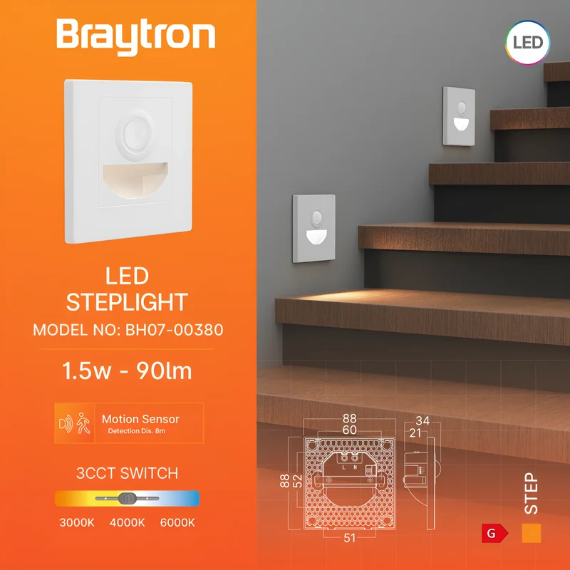Braytron 1,5W LED Treppenlicht mit Bewegungsmelder – 3CCT Stufenbeleuchtung, 90lm, IP20, einstellbare Farbtemperatur 3000K/4000K/6500K, rechteckig schwarz oder weiß, 230V Innenbeleuchtung (Weiß) – Ansicht 3