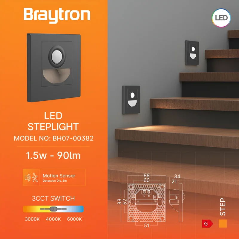 Braytron 1,5W LED Treppenlicht mit Bewegungsmelder – 3CCT Stufenbeleuchtung, 90lm, IP20, einstellbare Farbtemperatur 3000K/4000K/6500K, rechteckig schwarz oder weiß, 230V Innenbeleuchtung (Dunkelgrau) – Ansicht 3