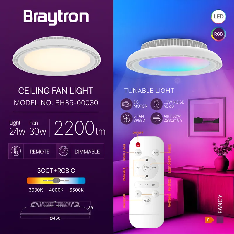 Braytron LED Deckenventilator mit Licht & Fernbedienung Ø45 cm – RGB + 3CCT (3000K/4000K/6500K), dimmbar, 24W LED + 30W Ventilator, 1700lm, moderner leiser Deckenlüfter für Wohnzimmer & Schlafzimmer – Ansicht 3
