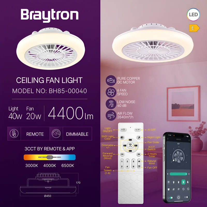 Braytron Deckenventilator mit Licht LED – 40W Deckenlampe + 20W Ventilator, Fernbedienung & App Steuerung, 3CCT Farbtemperatur, Ø45 cm moderner Deckenlüfter für Wohnzimmer, Schlafzimmer, Büro – Ansicht 3