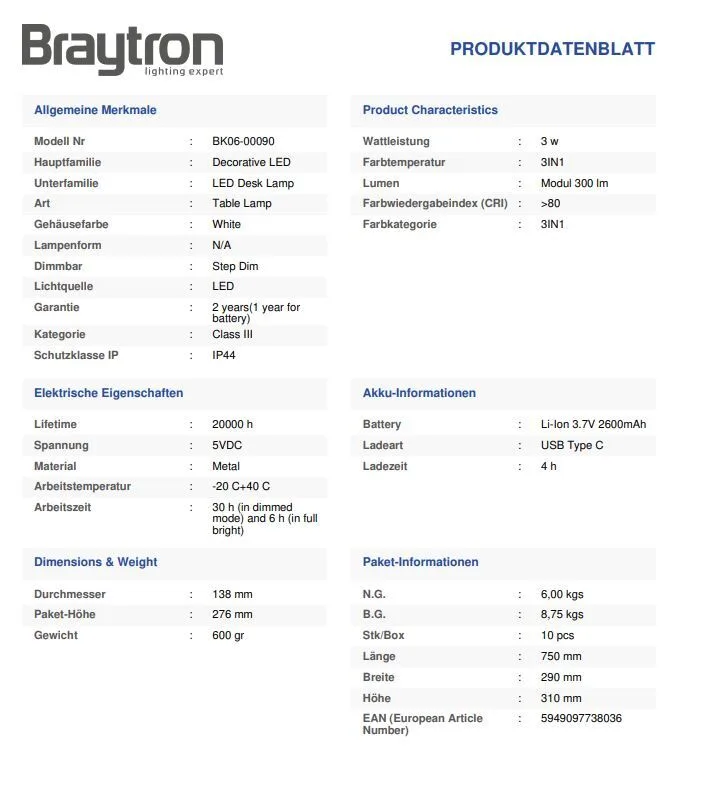 Braytron LED Tischlampe mit Akku – Touch Dimmbar, USB, IP44, 30h Laufzeit, Innen & Außen, tragbare Tischleuchte in Schwarz, Weiß oder Grün für Balkon, Terrasse, Wohnzimmer (Weiß) – Ansicht 7