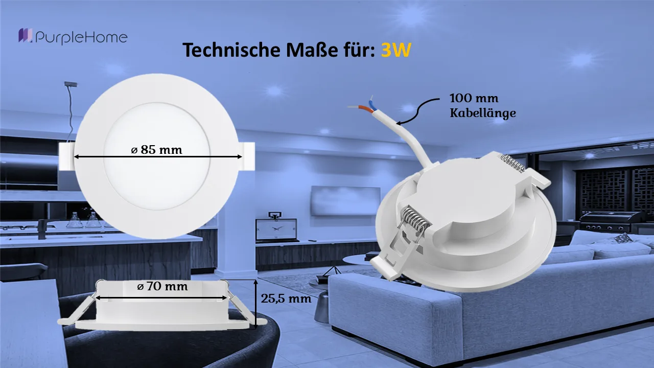 Braytron LED Deckenleuchte 3W 230V Anschluss Warmweiß 3000K, 220 Lumen, IP40 Deckenlampe für Wohnzimmer, Küche, Flur (Weiß) – Ansicht 12