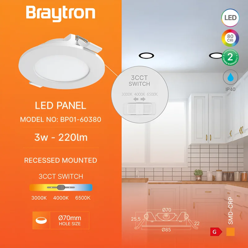 Braytron LED Deckenleuchte 3W 230V Anschluss Warmweiß, Neutralweiß, Kaltweiß 3IN1, 220 Lumen, IP40 Deckenlampe für Wohnzimmer, Küche, Flur (Weiß) – Ansicht 3