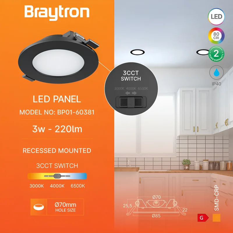 Braytron Ultraslim LED Einbaustrahler 3W Schwarz Ø85mm 3CCT 230V 220 Lumen IP20 Einbauspots 68mm Lochmaß 26mm Einbautiefe Warmweiß Neutralweiß Kaltweiß Nicht Dimmbar Deckenstrahler Flach Wohnraum Spot – Ansicht 3