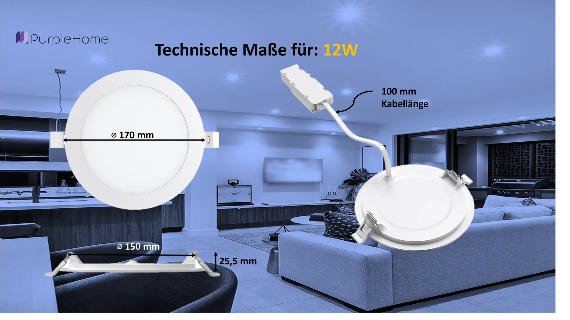 Braytron LED Deckenleuchte 12W 230V Anschluss Kaltweiß 6500K, 1120 Lumen, IP40 Deckenlampe für Wohnzimmer, Küche, Flur (Weiß) – Ansicht 10